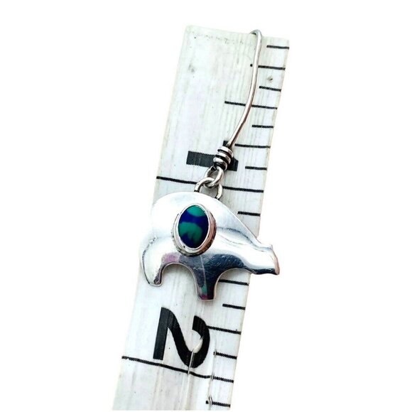 Sterling Silver Signed S.J. Azurite Malachite Bear Earrings Dangle Drop Threader - Picture 8 of 8